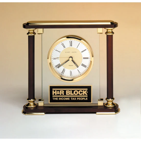 7" x 7" Glass and Rosewood Piano Finish Clock with Gold Metal Accents and Black Plate 1
