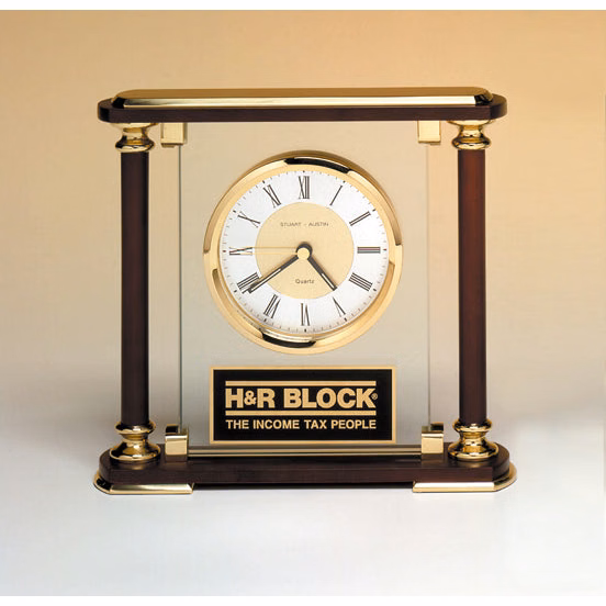 7" x 7" Glass and Rosewood Piano Finish Clock with Gold Metal Accents and Black Plate