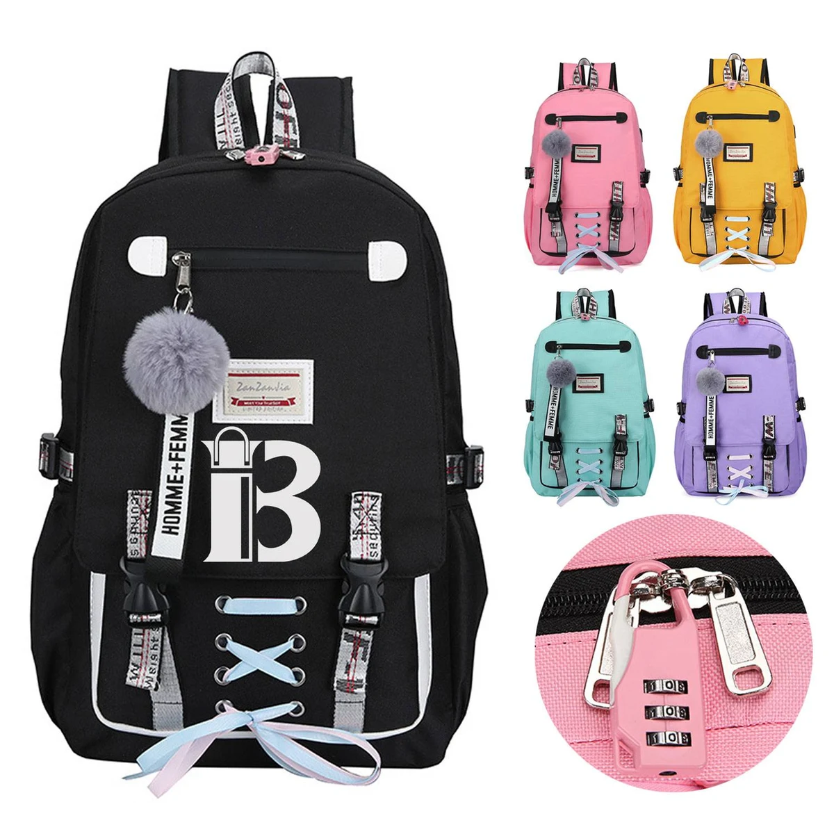 Polycotton Combination Lock School Backpack w/ USB Port 1