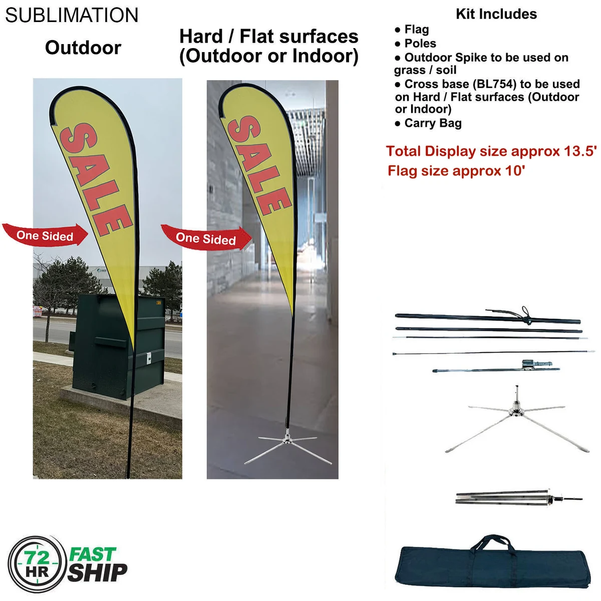 72Hr Fast Ship -13.5' Large Tear Drop Flag Kit, Full Color Graphics One Side, Outdoor & Indoor bases 1