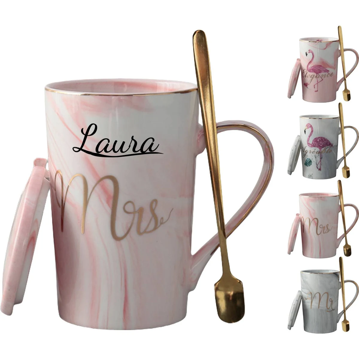 14oz Marble Pattern Ceramic Mug w/ Spoon 1