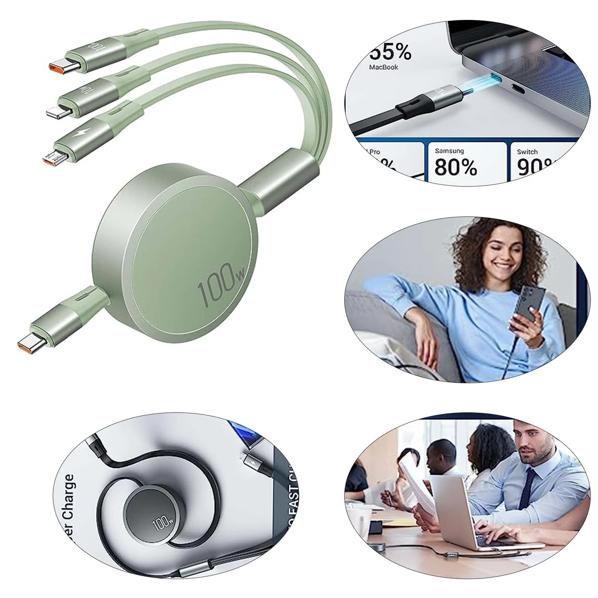 100W 3 in 1 Multi Travel Essential USB Retractable Charging Cable Phone Mac Charger Cord 1
