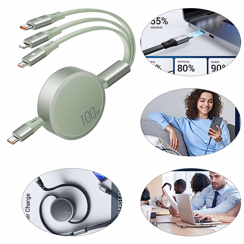 100W 3 in 1 Multi Travel Essential USB Retractable Charging Cable Phone Mac Charger Cord