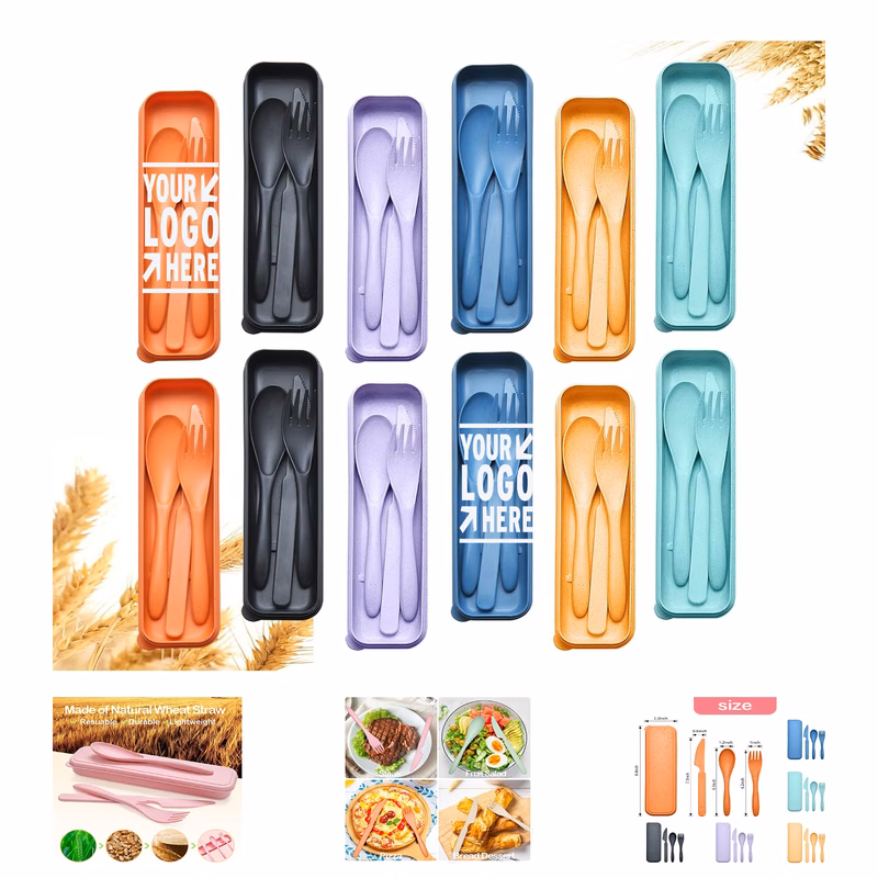 Wheat Straw Portable Plastic Fork Spoon Knife Camping Cutlery Reusable Travel Utensils Set with Case
