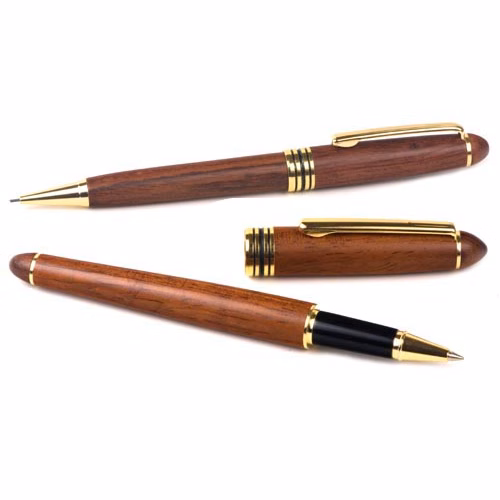 Illusion set features a roller ball pen and a twist action pencil with matching wooden barrels.