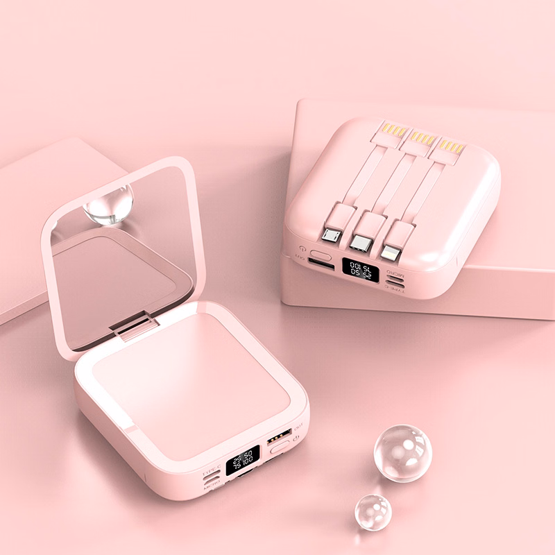 10000mAh Mobile Power Bank with Beauty Mirror 3 Cables