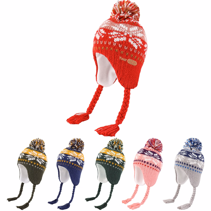 Acrylic Classic Knit Winter Hat With Ear Flaps, Tassels, And Nordic Pattern