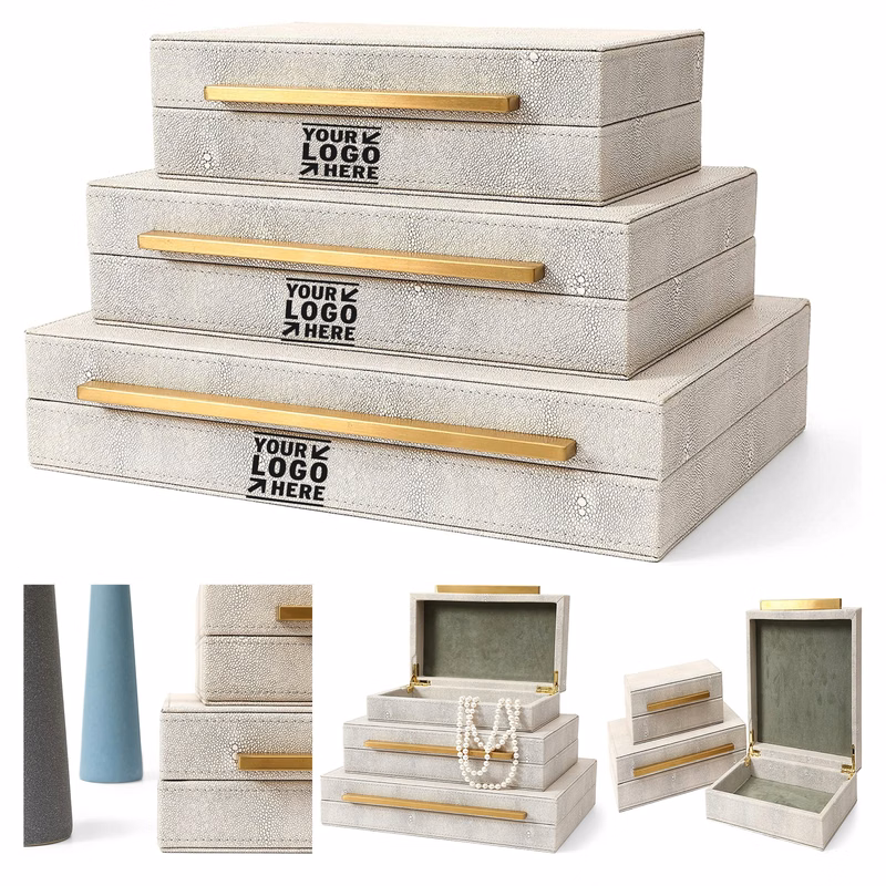 Set of 3 Pcs Faux Ivory Shagreen Leather Box