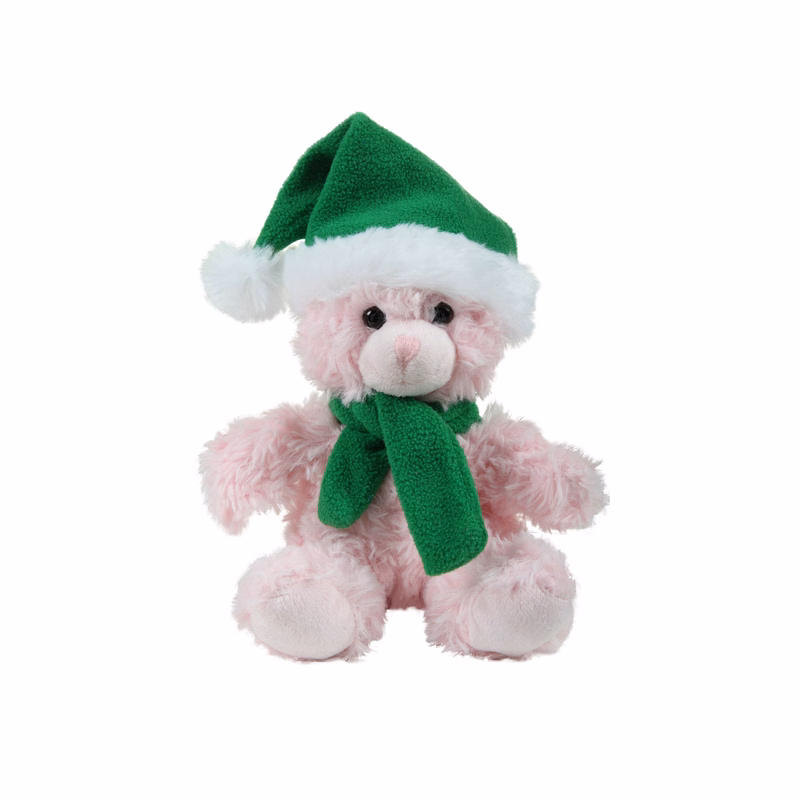 soft plush  Pink Curly Sitting Bear with Christmas scarf &hat