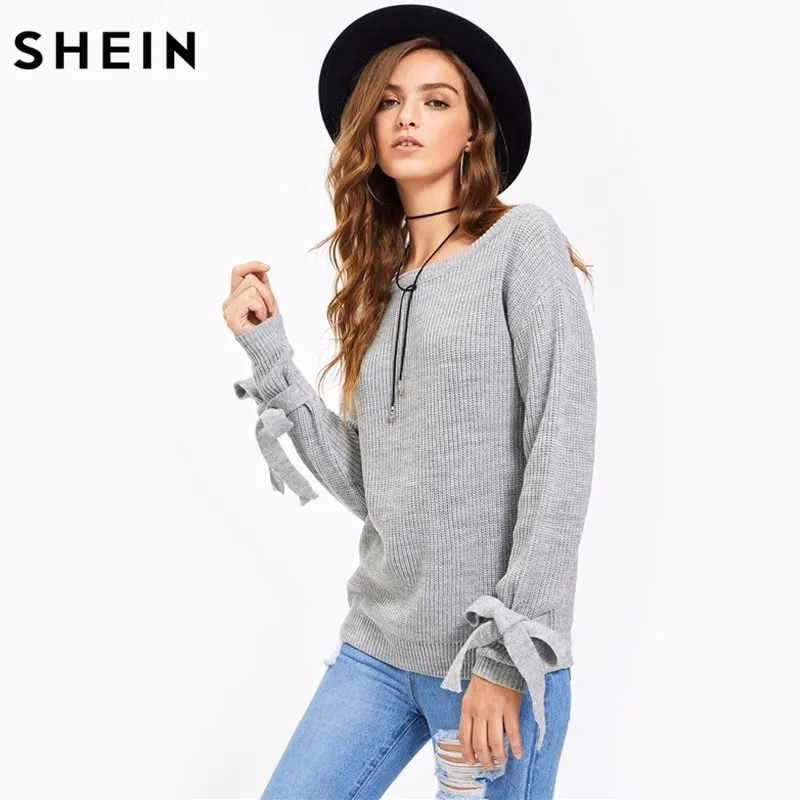 Gray Mesh Drop Tie Jumper: Long Loose Casual Pullover