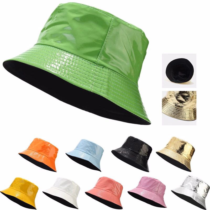 Metallic Bucket PU Hat Trendy WomensReversibleBeach Cap