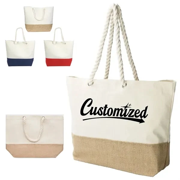 Custom Canvas and Jute Beach Tote Bag with Rope Handles — Leisure & Retail Gift, custom tote bag with logo imprint 1