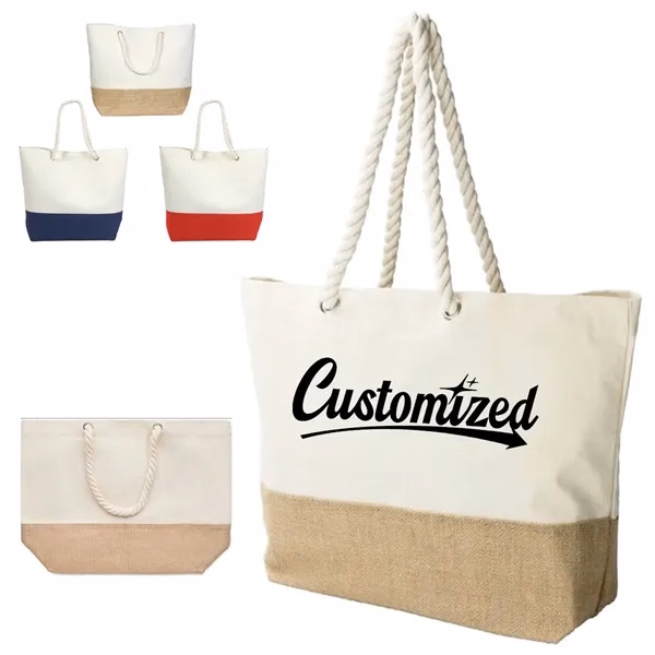 Custom Canvas and Jute Beach Tote Bag with Rope Handles — Leisure & Retail Gift