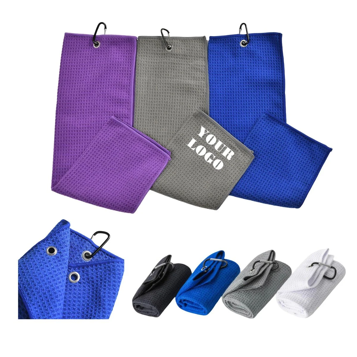 Waffle Weave Microfiber Golf Towel Tri Fold With Clip 1