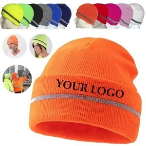 Reflective Striped Lined Fluorescent Knitted Beanie Hat 1