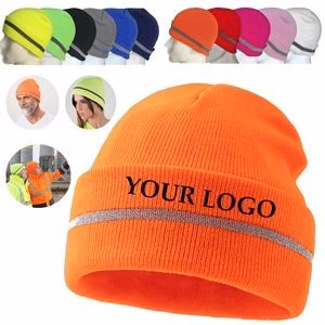 Reflective Striped Lined Fluorescent Knitted Beanie Hat