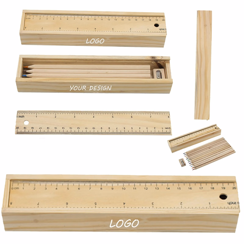 12 Color Pencils with Wooden Ruler Box