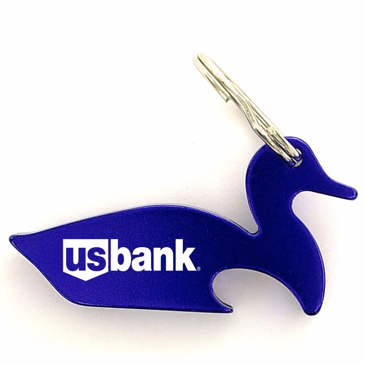 Duck shape bottle opener with key chain.