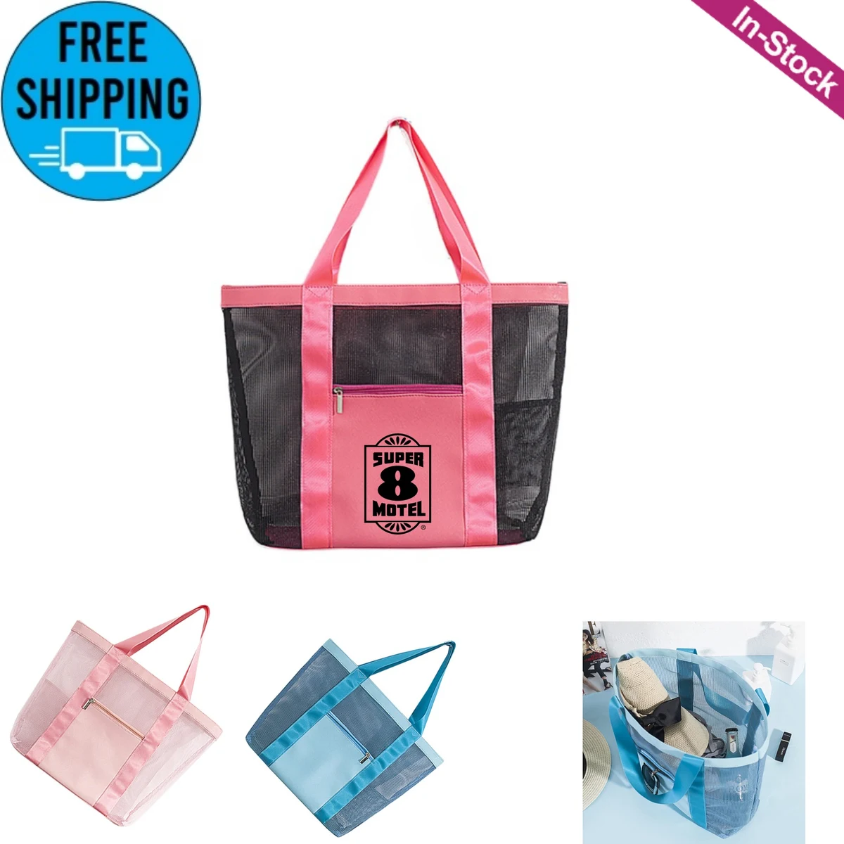 Foldable Mesh Beach Shoulder Bag with Front Zipper Pocket 1
