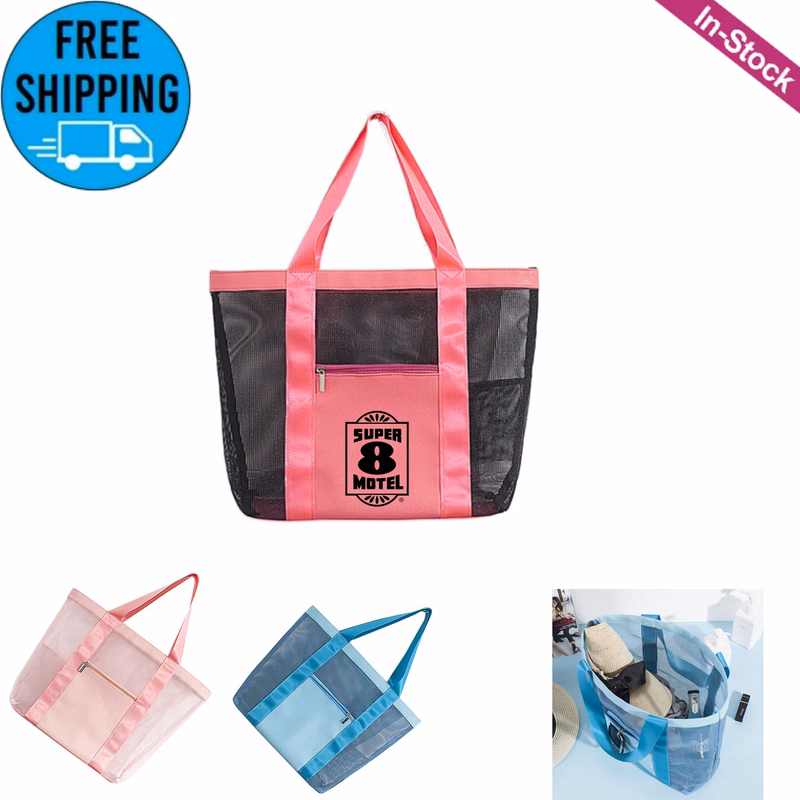Foldable Mesh Beach Shoulder Bag with Front Zipper Pocket