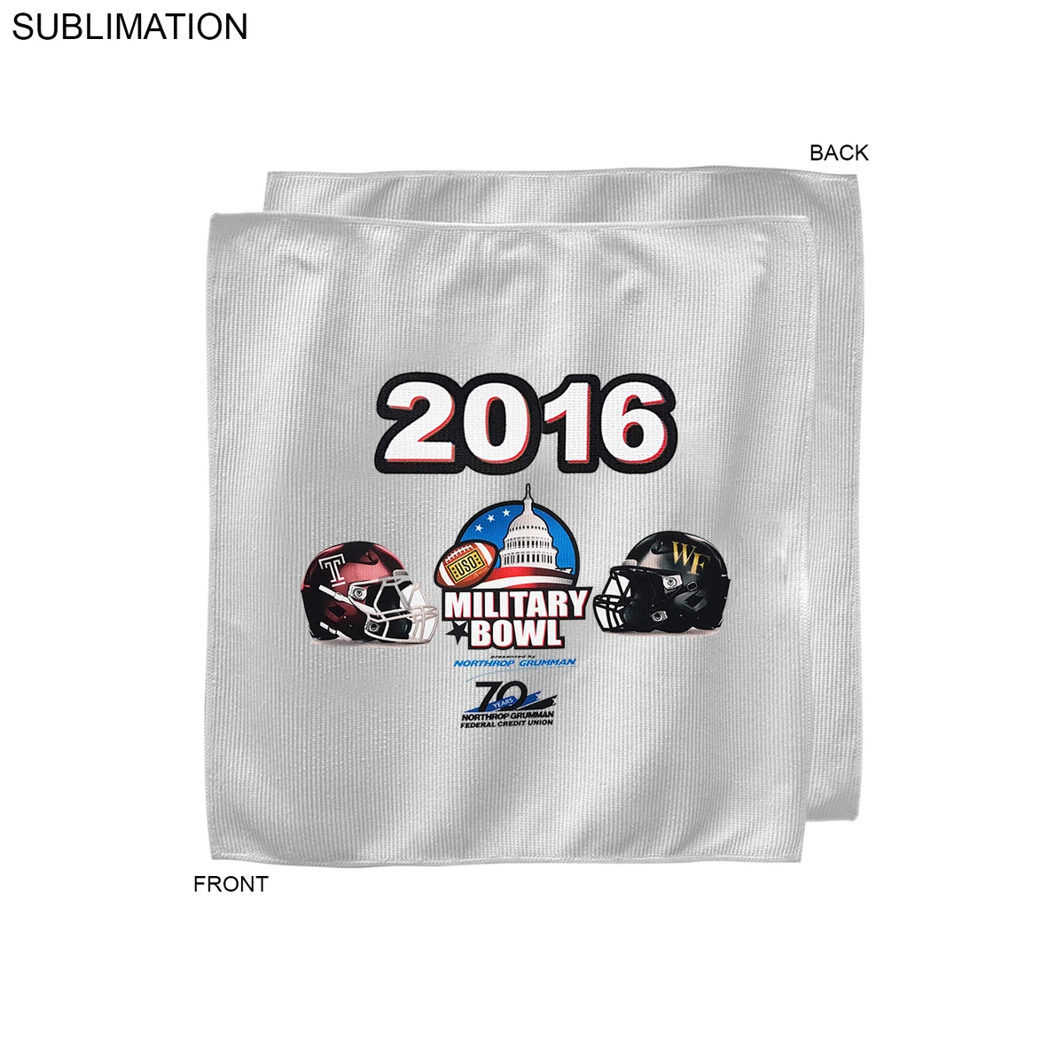 Bowl Game Rally Towel in Microfiber Dri-Lite Terry, 10x10, Sublimated Full color Logos 1