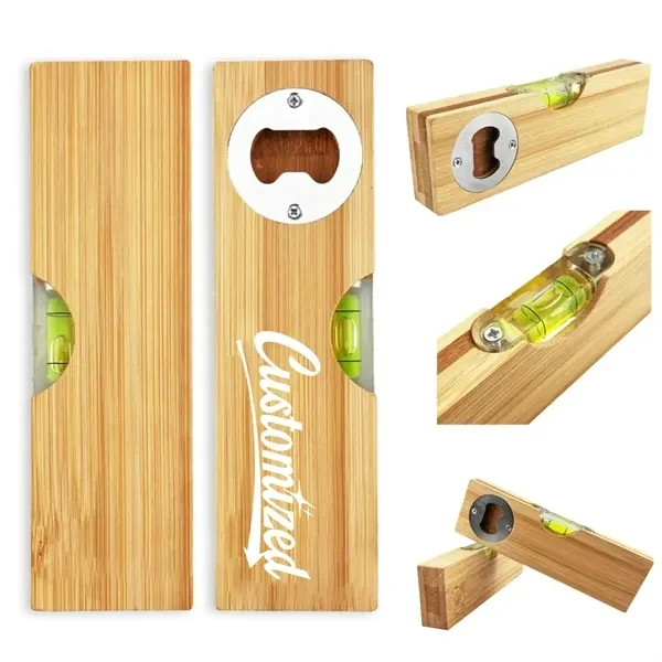 Custom Bamboo Bottle Opener with Built-in Bubble Level — DIY Tools & Beverage Promo 1