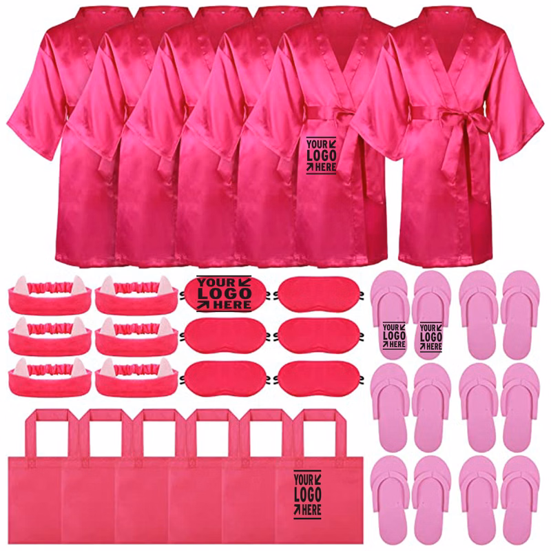 4 Pieces of Spa Party Costume Set Satin Kimono Robe Headband Patch Bag Foam Pedicure Slippers