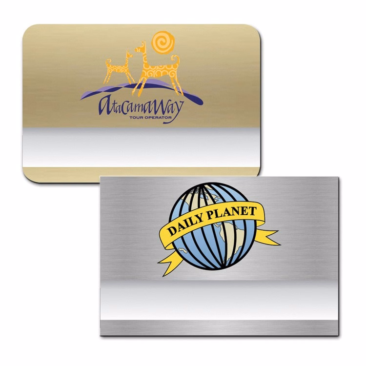 The Orion full color metallic reusable name badge 2"x3"