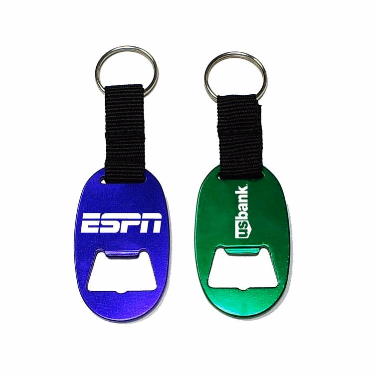 Jumbo size oval shape bottle opener with key chain.