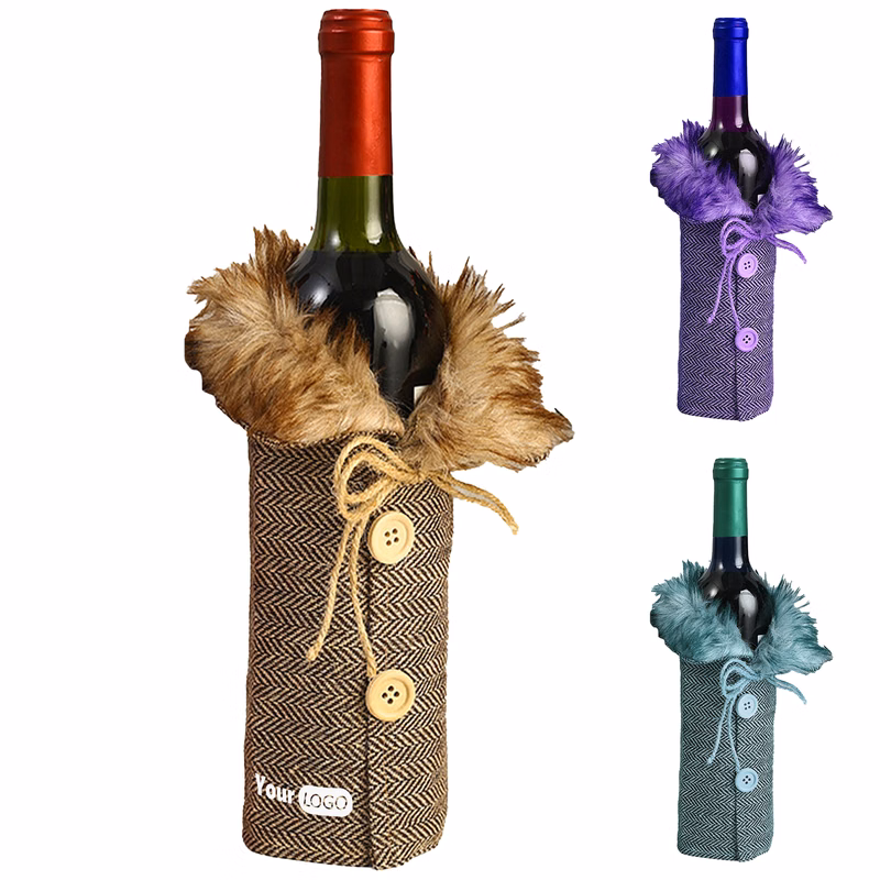 Other Fabric Winter-Themed Wine Bottle Covers With Faux Fur Trim