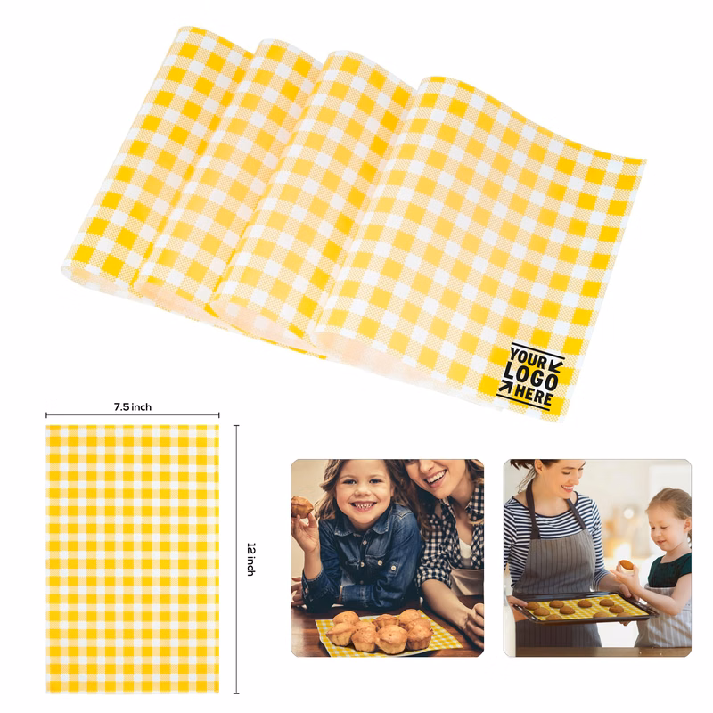 12" x 7.5" Yellow White Checkered Greaseproof Food Deli Wax Sandwich Paper Sheet