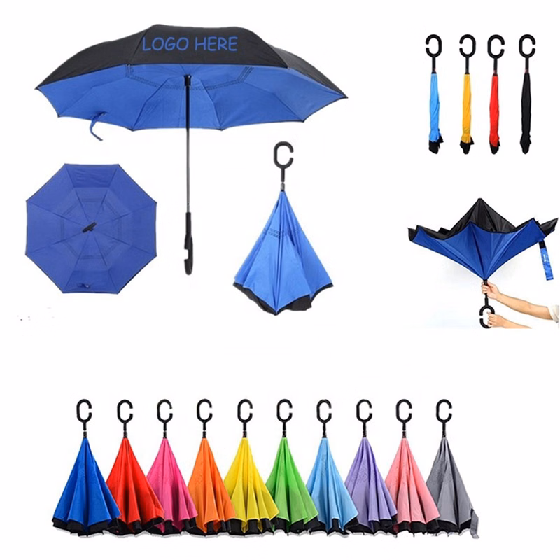 Reverse open windproof umbrella with C-handle
