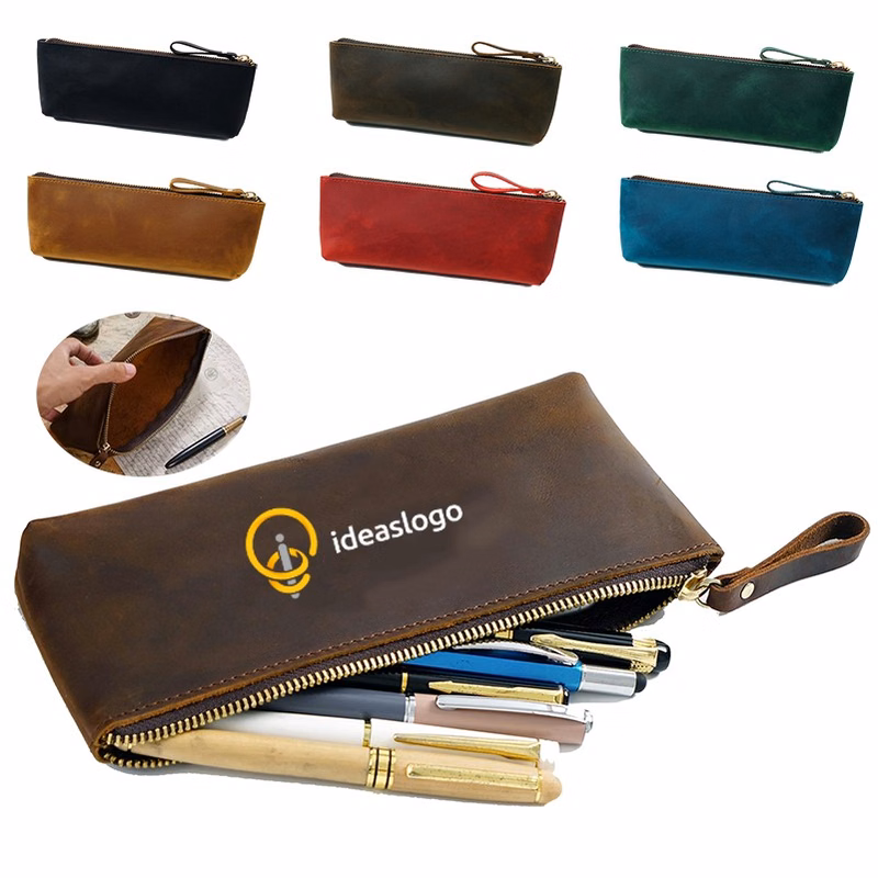 Genuine Leather Zipper Pencil Case Pen Pouch