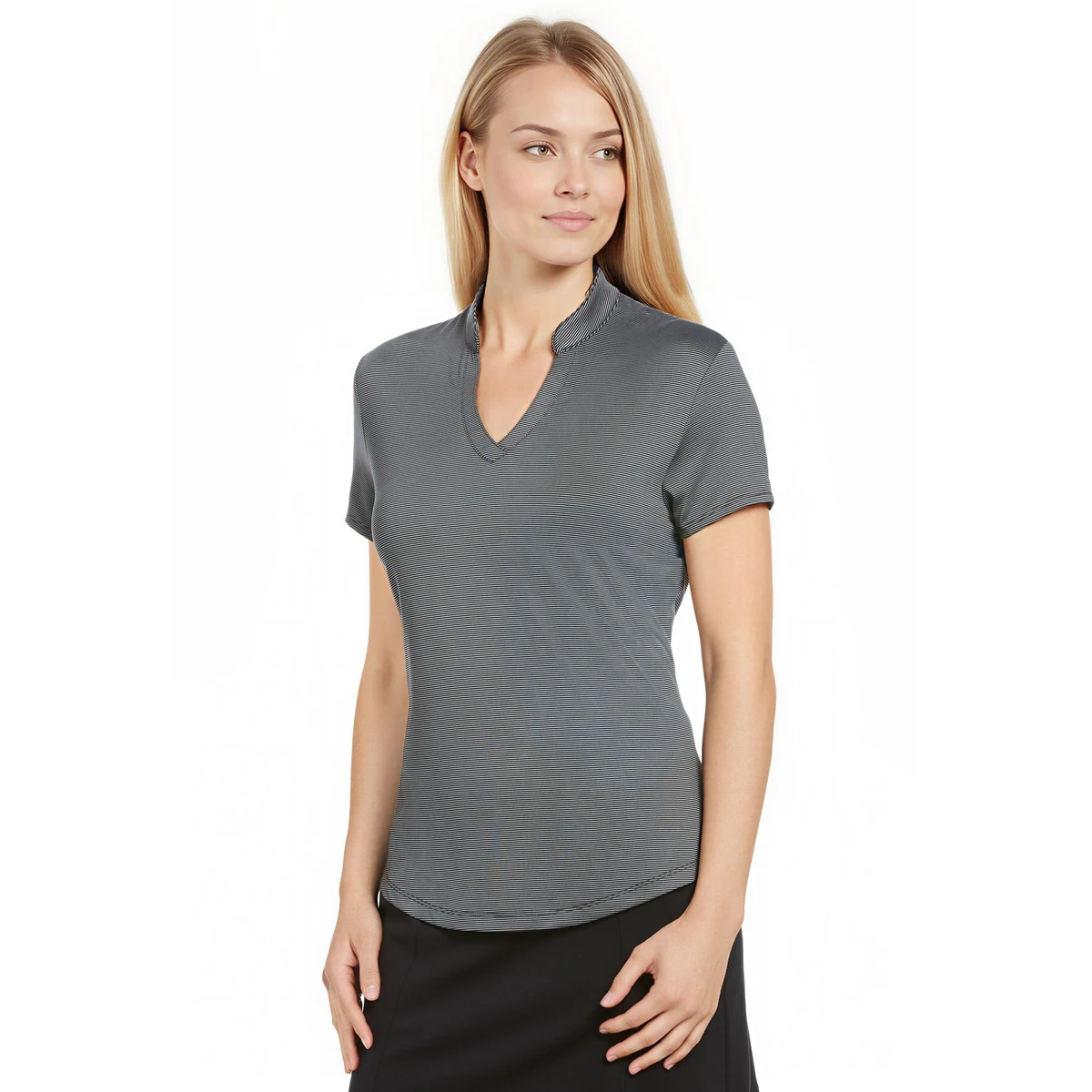 Short Sleeve Mock Neck Fine Line Stripe Golf Polo 1