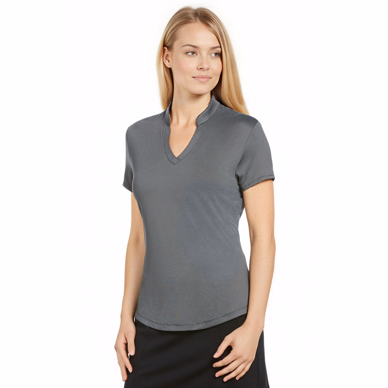 Short Sleeve Mock Neck Fine Line Stripe Golf Polo