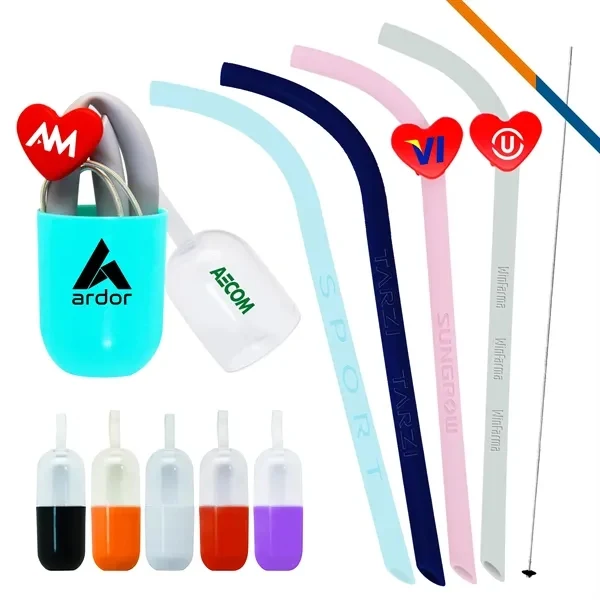 Custom Silicone Straw Kit — Bent Straw, Clip & Capsule Case Portable Eco Gift 1