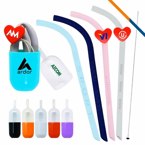 Custom Silicone Straw Kit — Bent Straw, Clip & Capsule Case Portable Eco Gift