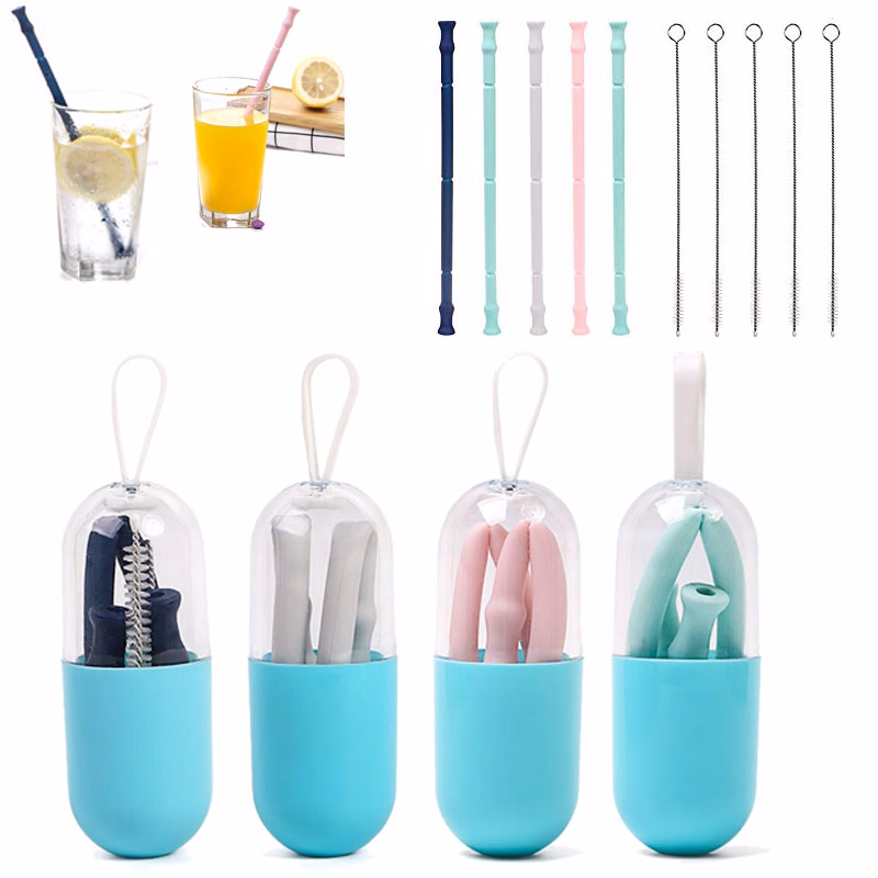 Reusable Silicone Collapsible Straw with brushes and box