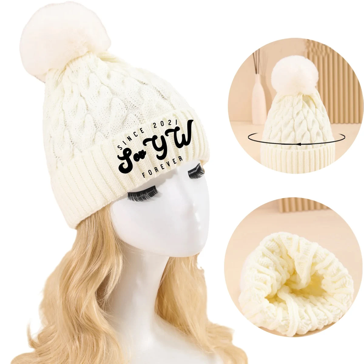MOQ 100 Large Fur Ball Thickened Padded Knitted Cap 1