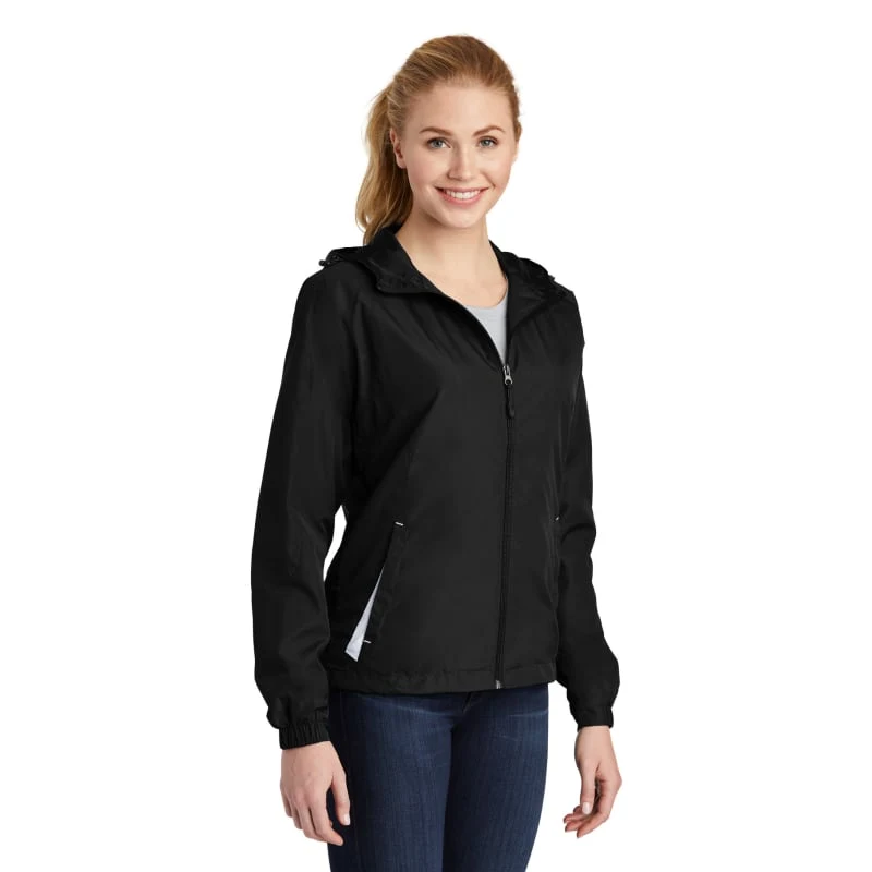 Sport-Tek Women's Colorblock Hooded Raglan Jacket. 1
