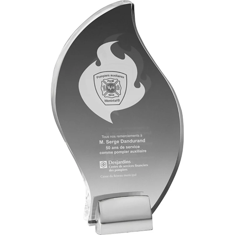 Chrome Base Clear Acrylic Flame Award (8 3/4"x 5"x 3/4") Laser Engraved 1